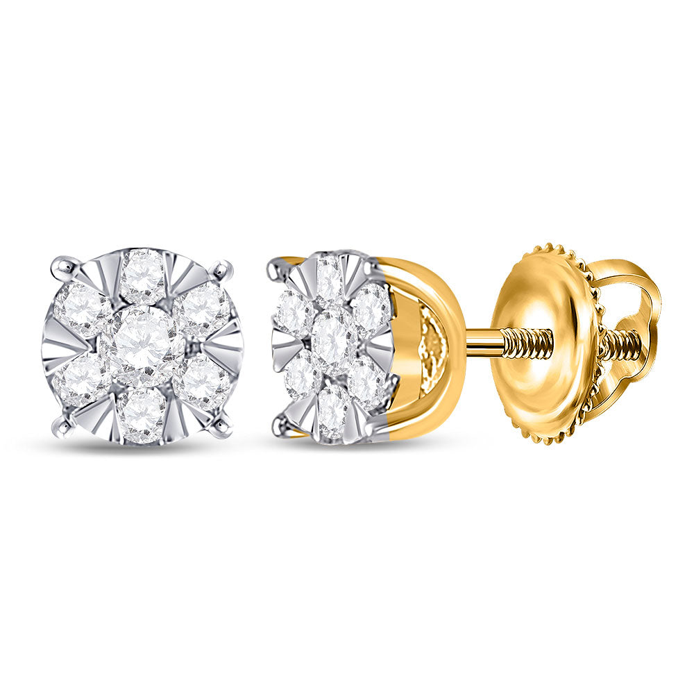 14K Yellow Gold Womens Round Diamond Flower Cluster Earrings 1/4 Cttw