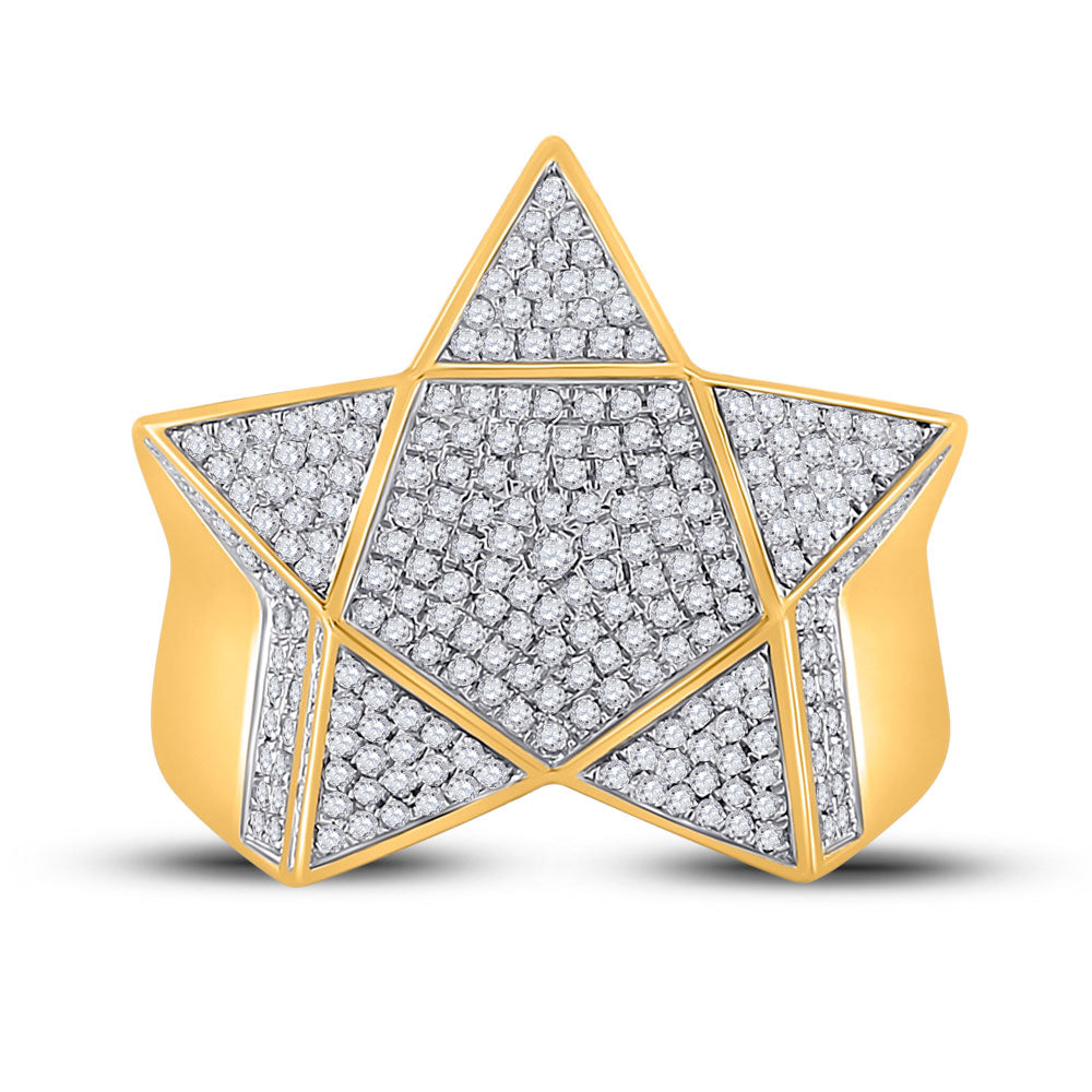 10K Yellow Gold Mens Round Diamond Star Statement Ring 1 Cttw, Mens Size: 7-13