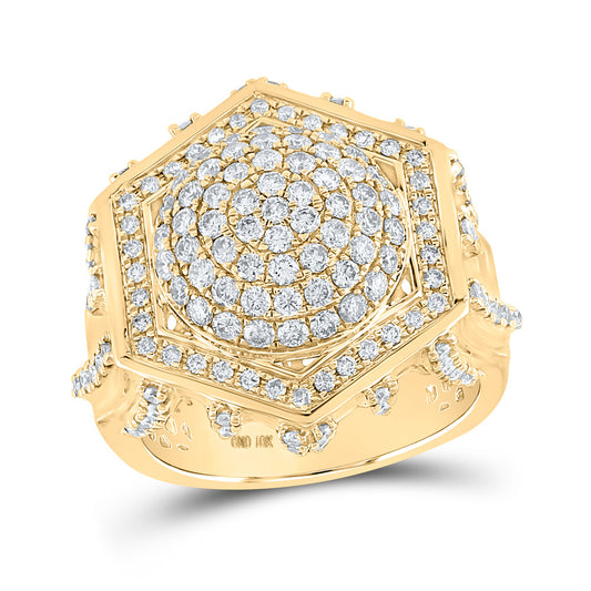 10K Yellow Gold Mens Round Diamond Hexagon Cluster Ring 2-3/8 Cttw, Mens Size: 7-13