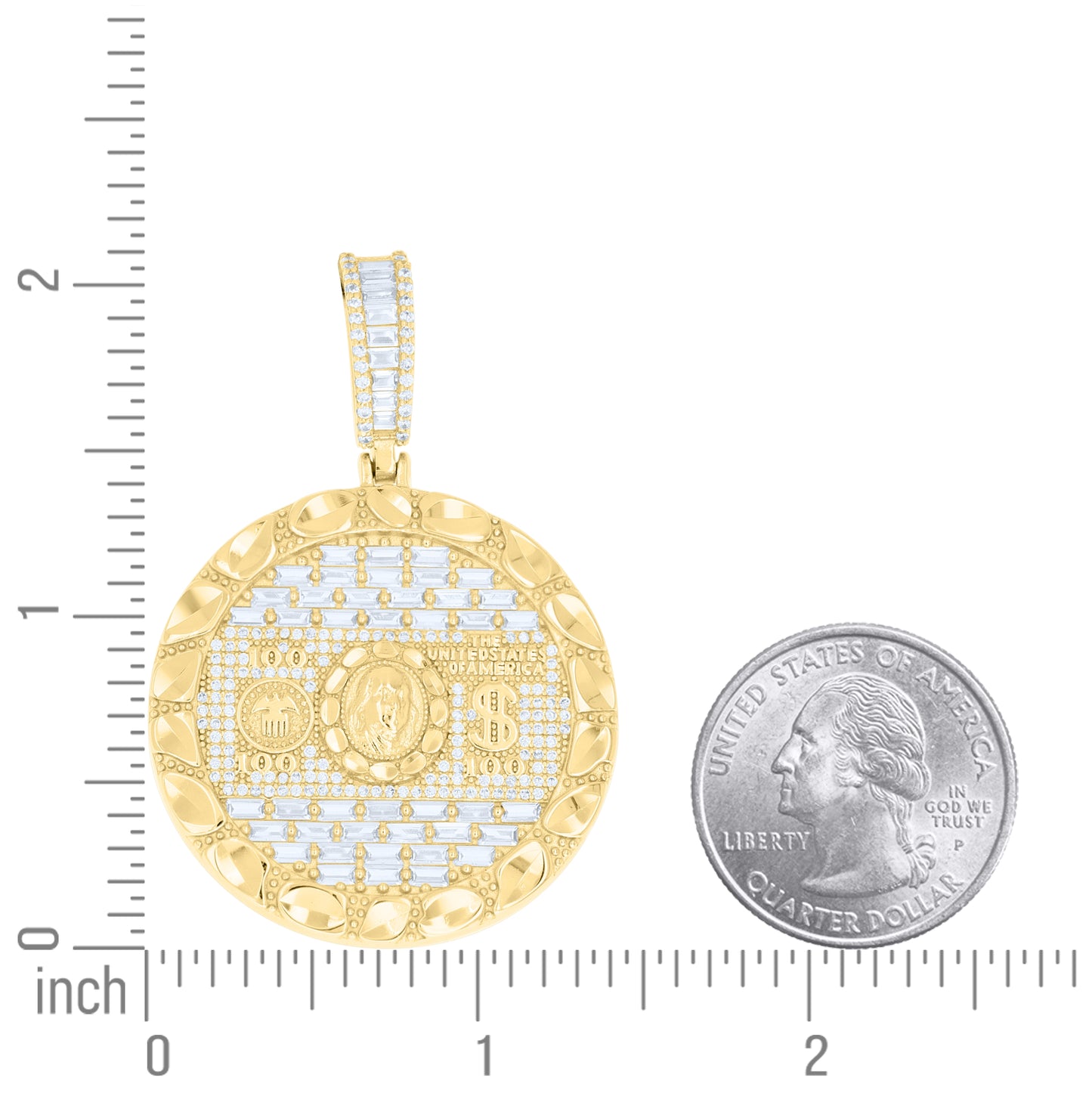 Sterling Silver Mens Baguette Round Cubic-Zirconia 100 Dollar Bill Currency Pendant – Elegant Jewelry Gift for Birthday, Anniversary, Engagement, Wedding