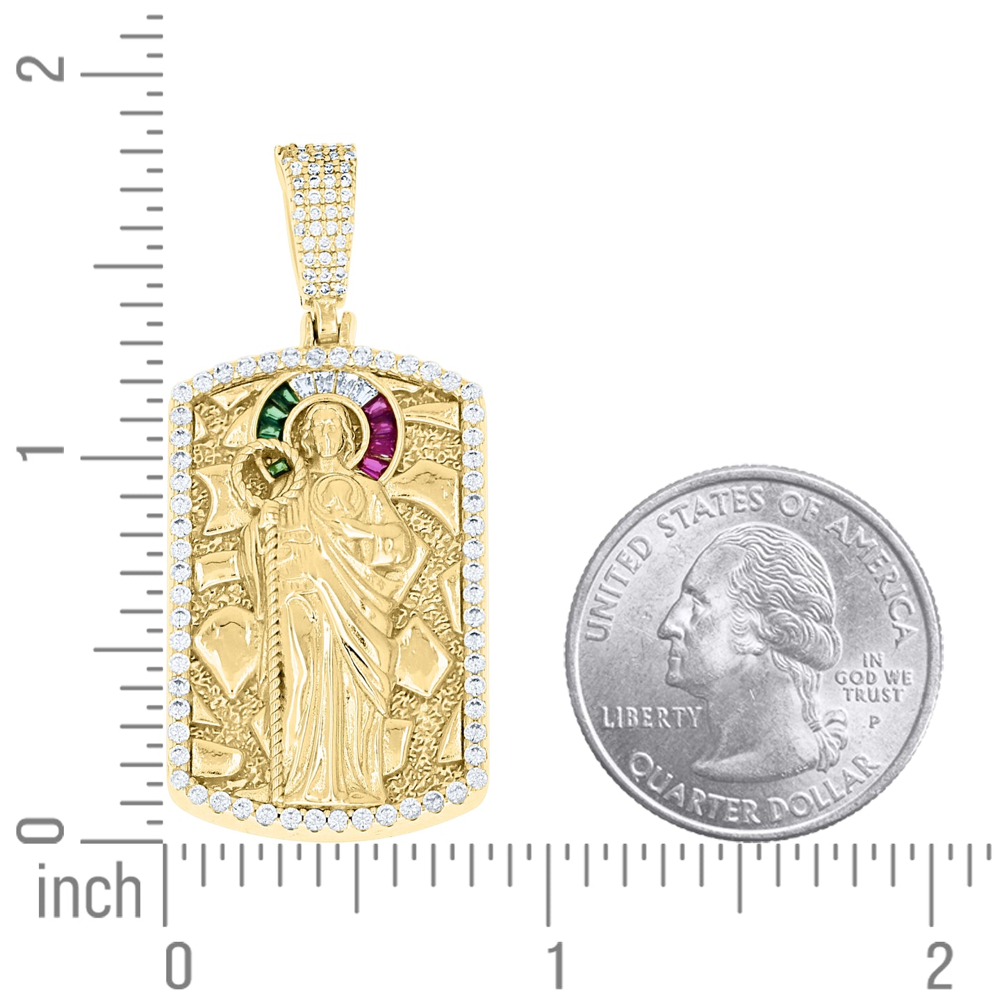 Sterling Silver Men White Green/Purple Round Baguette Cubic-Zirconia Nugget Dog Tag St. Jude Religious Charm Pendant – Elegant Jewelry Gift for Birthday, Anniversary, Engagement, Wedding