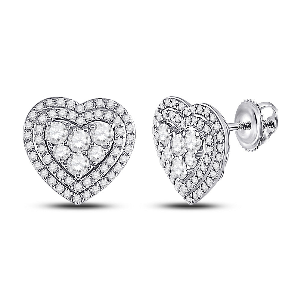 14K White Gold Womens Round Diamond Heart Earrings 1 Cttw