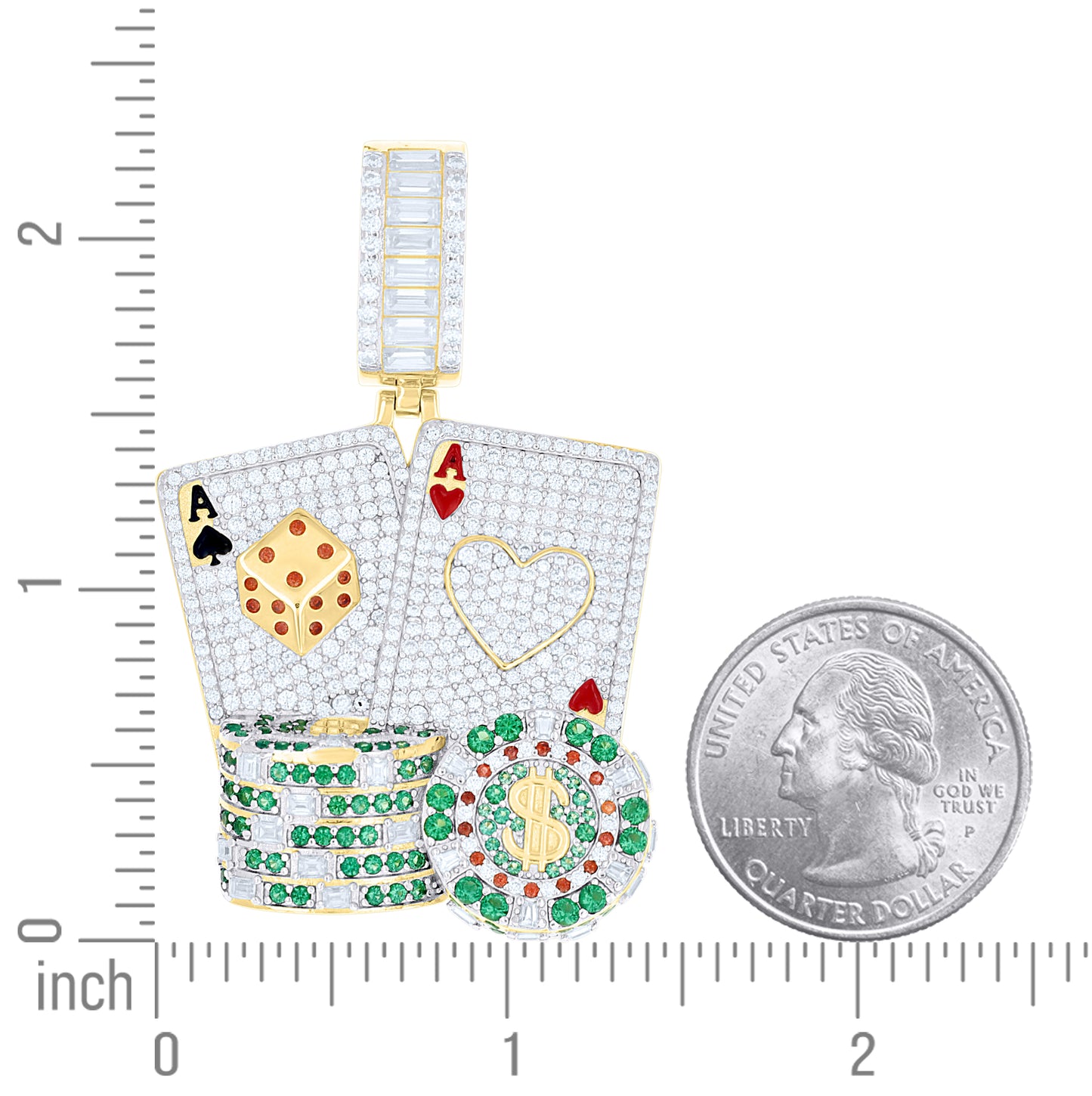 Sterling Silver Yellow-Tone Mens Green Red Moissanite Enameled Cards Dice Poker Chips Pendant – Elegant Jewelry Gift for Birthday, Anniversary, Engagement, Wedding