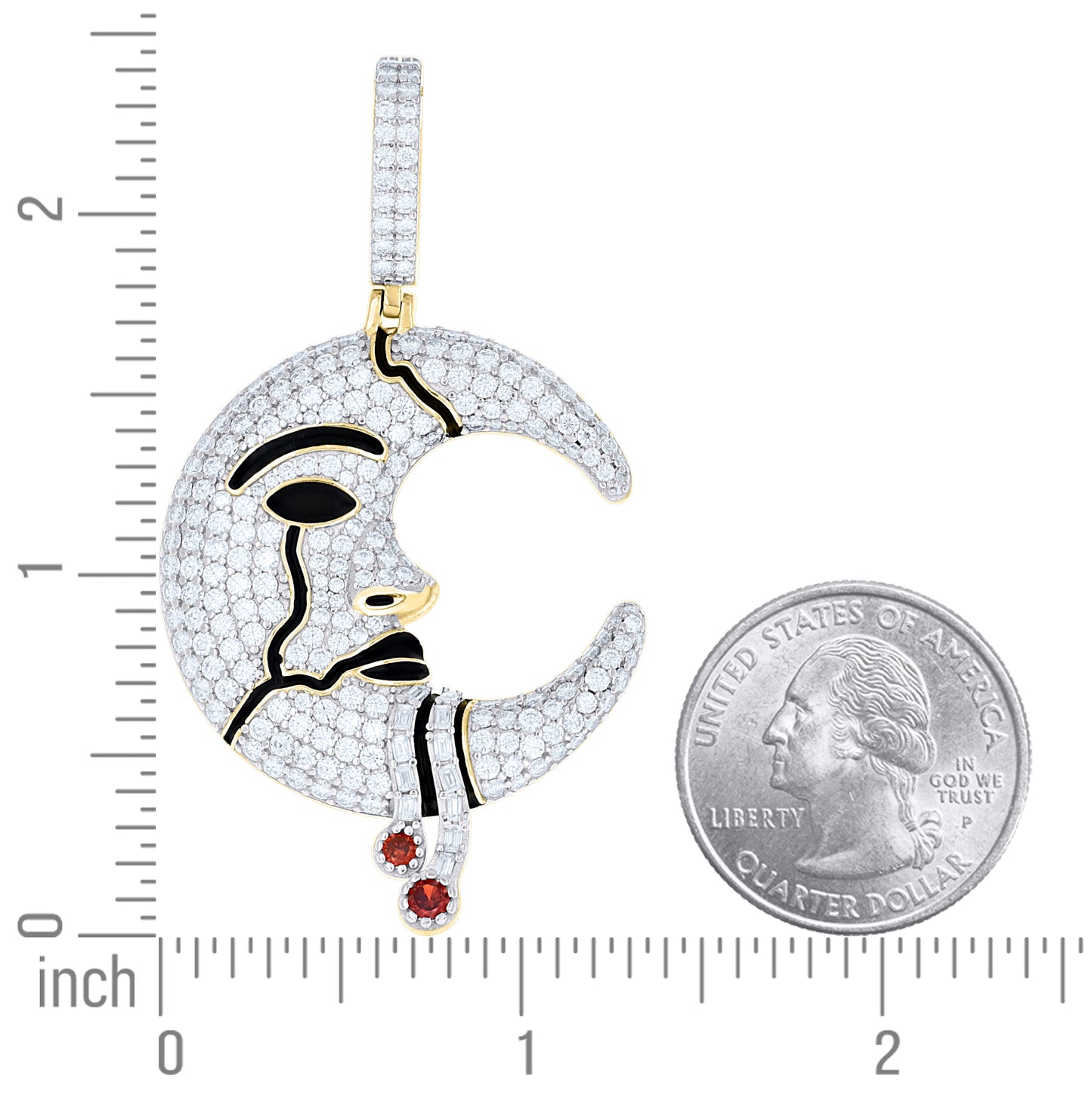 Sterling Silver Mens Red White Baguette Round Moissanite Enameled Moon Celestial Pendant – Elegant Jewelry Gift for Birthday, Anniversary, Engagement, Wedding