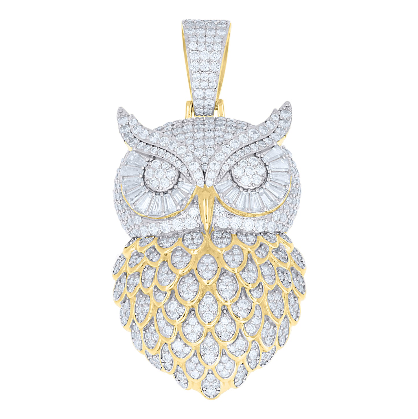 Sterling Silver Yellow-Tone Mens Baguette Round Moissanite Owl Birds Wildlife Pendant – Elegant Jewelry Gift for Birthday, Anniversary, Engagement, Wedding
