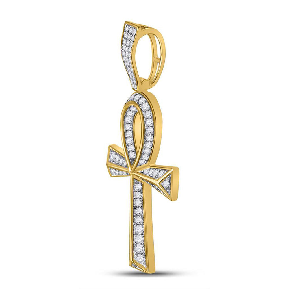 10K Yellow Gold Mens Round Diamond Ankh Cross Charm Pendant 1-3/4 Cttw