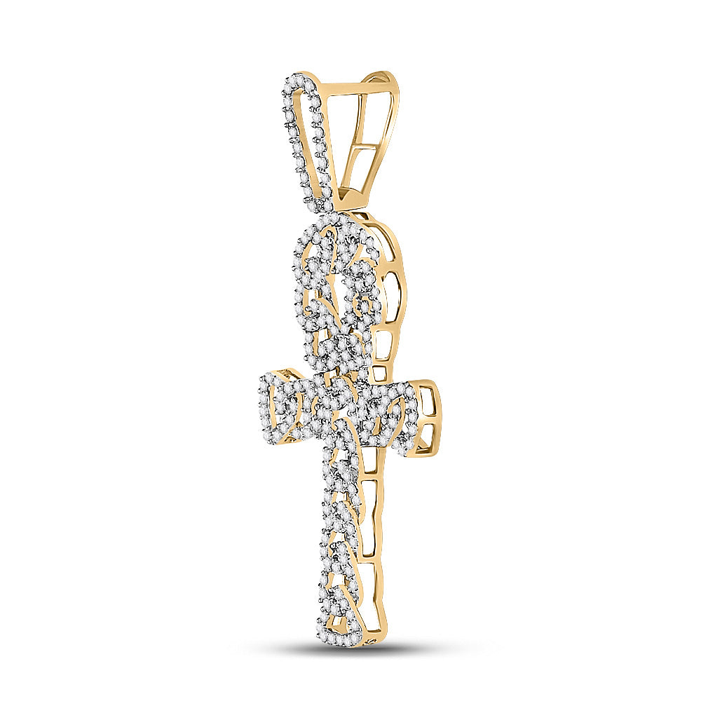 10K Yellow Gold Mens Round Diamond Ankh Cross Charm Pendant 7/8 Cttw