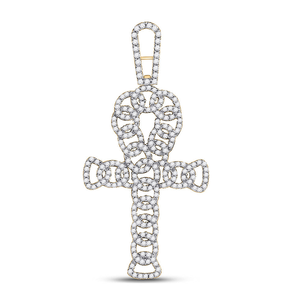 10K Yellow Gold Mens Round Diamond Ankh Cross Charm Pendant 7/8 Cttw