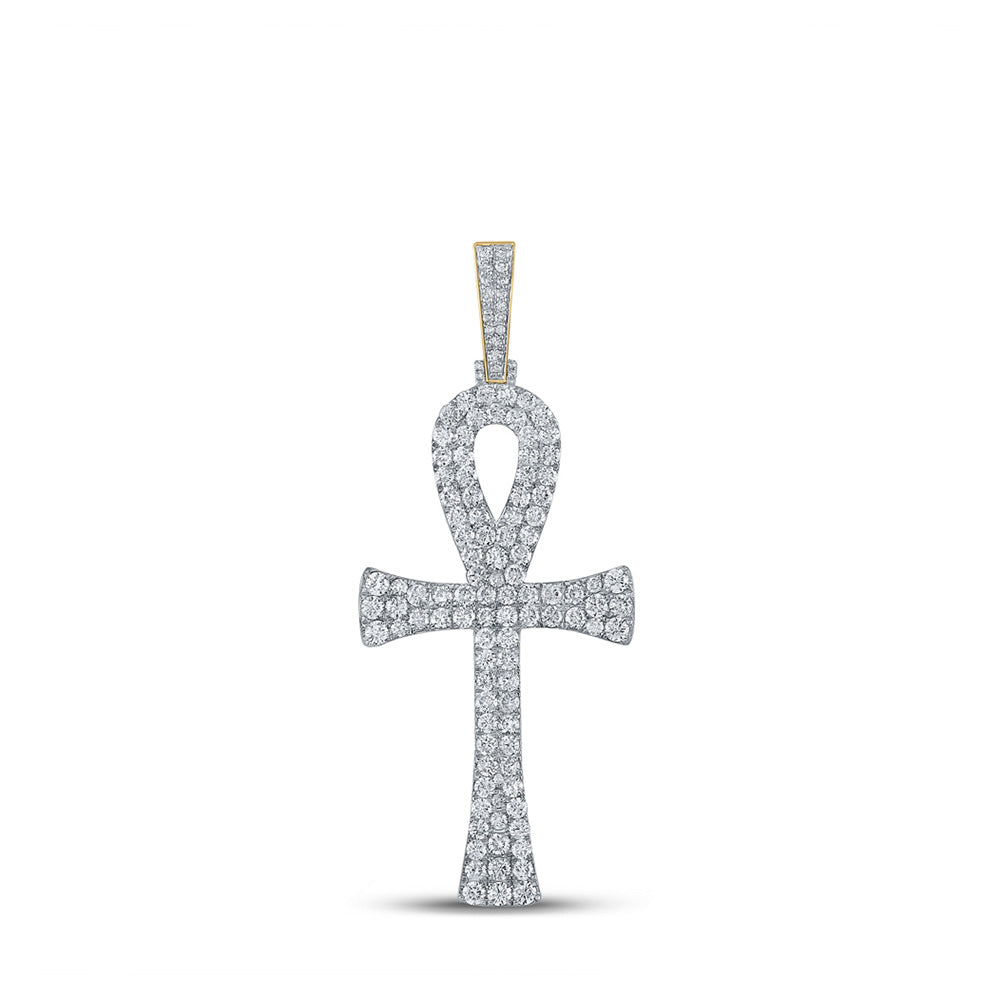 10K Yellow Gold Mens Round Diamond Ankh Cross Charm Pendant 6-1/3 Cttw