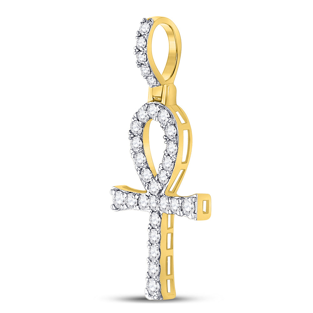 10K Yellow Gold Mens Round Diamond Ankh Cross Charm Pendant 1/2 Cttw, Length: 1.32 In, Width: 0.53 In