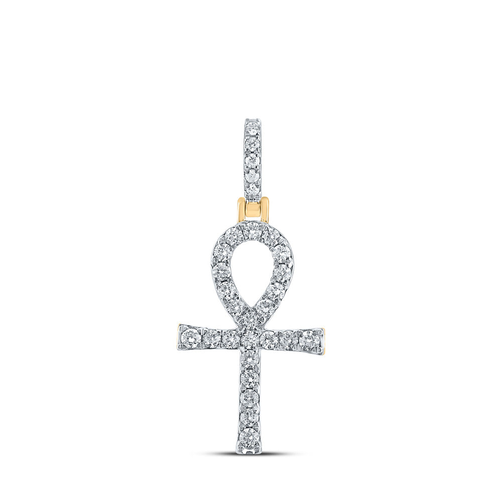 10K Yellow Gold Mens Round Diamond Ankh Cross Charm Pendant 1/2 Cttw, Length: 1.32 In, Width: 0.53 In