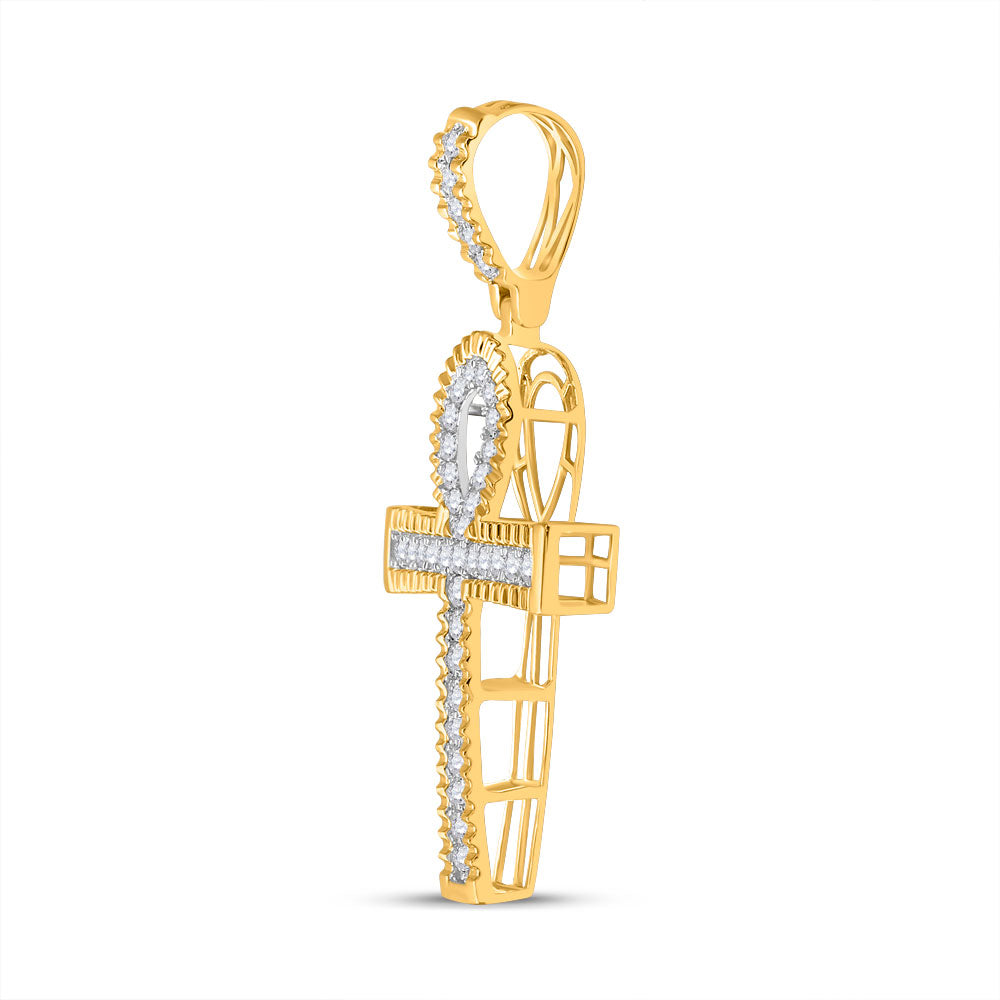 10K Yellow Gold Mens Round Diamond Ankh Cross Charm Pendant 1 Cttw