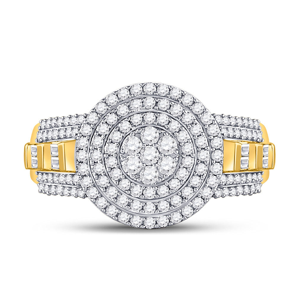 10K Two-tone Gold Mens Round Diamond Circle Flower Cluster Ring 1-1/5 Cttw, Mens Size: 7-13