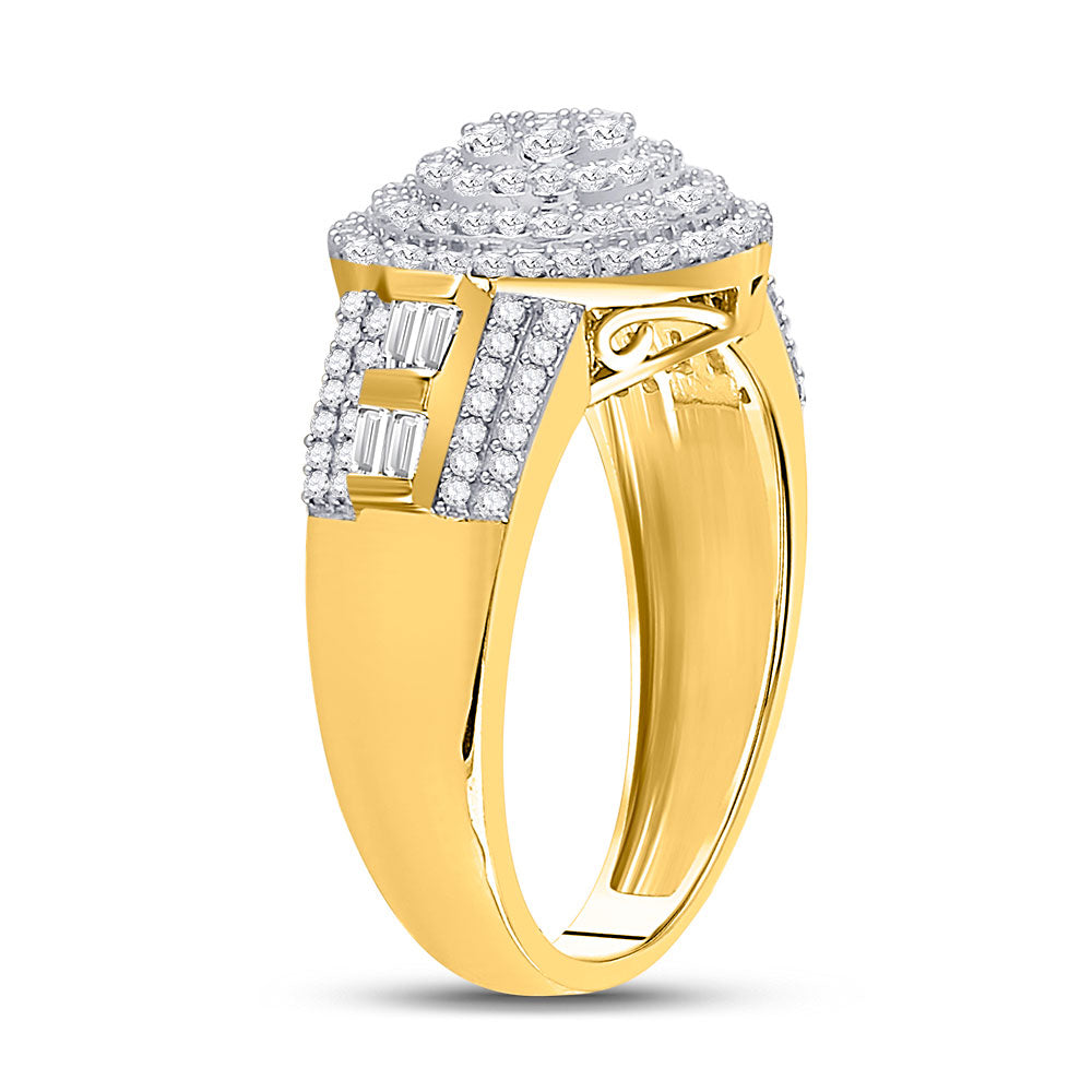10K Two-tone Gold Mens Round Diamond Circle Flower Cluster Ring 1-1/5 Cttw, Mens Size: 7-13