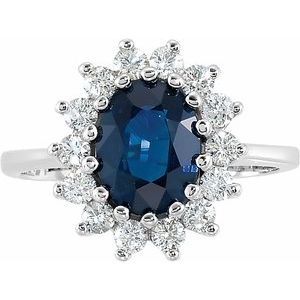 14K White Gold Natural Blue Sapphire & 1/2 CTW Natural Diamond Halo-Style Ring Size 7