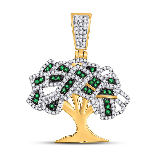 10K Yellow Gold Mens Round Green Color Enhanced Diamond Money Tree Charm Pendant 3/4 Cttw
