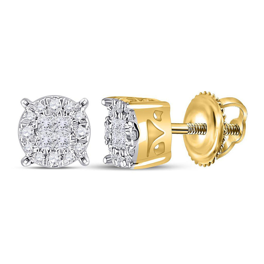 14K Yellow Or Rose Or White Gold Womens Princess Diamond Round Cluster Earrings 1/6 Cttw, Length: 0.2 In, Width: 0.2 In