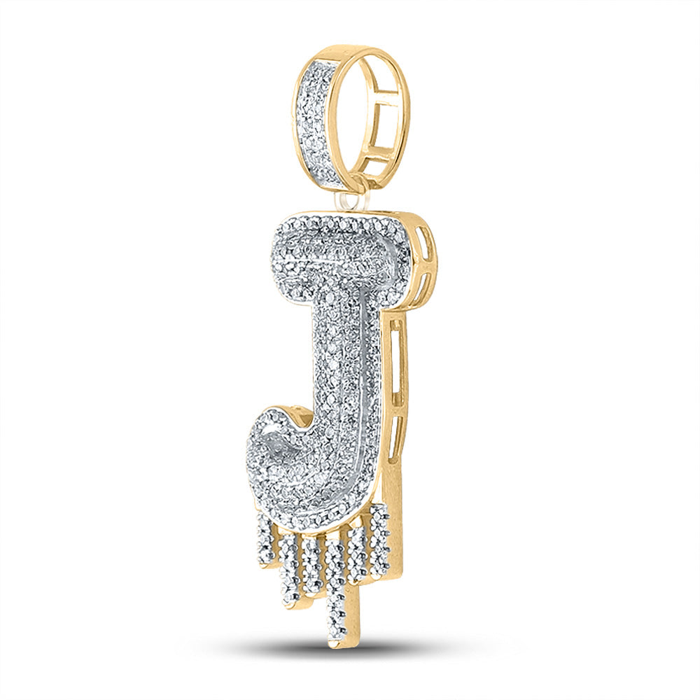 10K Yellow Gold Mens Round Diamond Drip Letter Charm Pendant