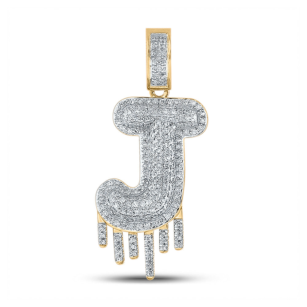 10K Yellow Gold Mens Round Diamond Drip Letter Charm Pendant