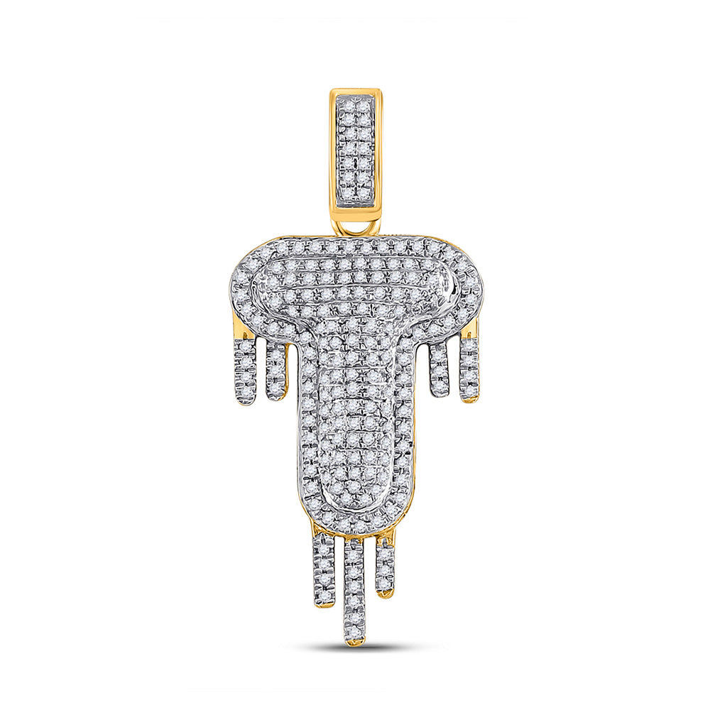 10K Yellow Gold Mens Round Diamond Drip Letter Charm Pendant