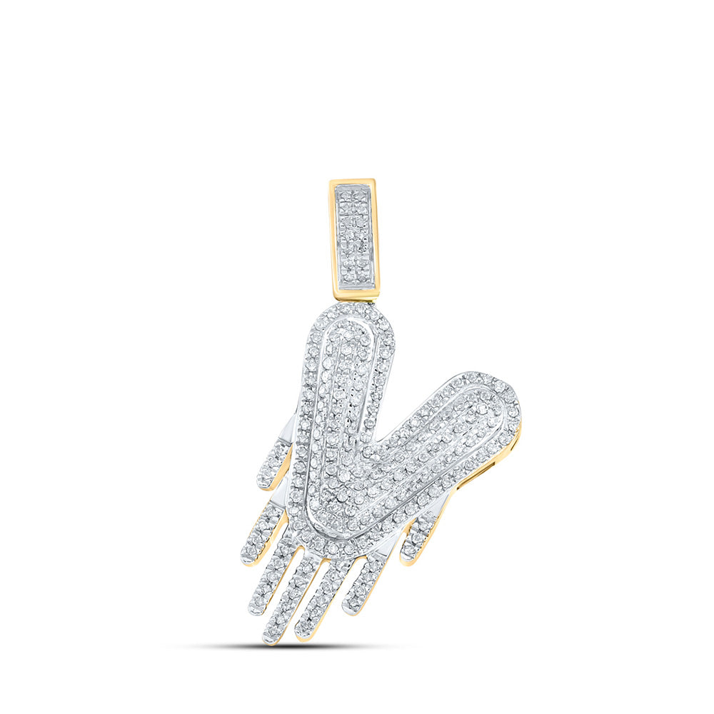 10K Yellow Gold Mens Round Diamond Drip Letter Charm Pendant