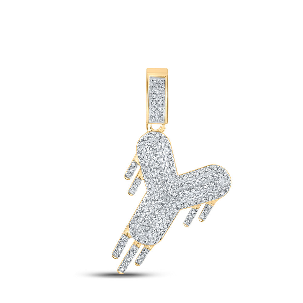 10K Yellow Gold Mens Round Diamond Drip Letter Charm Pendant