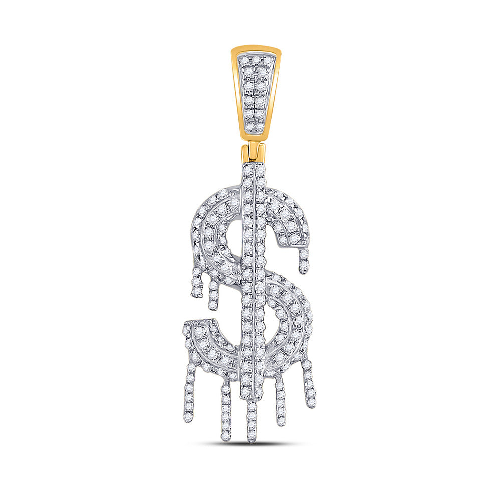 10K Yellow Gold Mens Round Diamond Dollar Sign Dripping Charm Pendant 1/2 Cttw