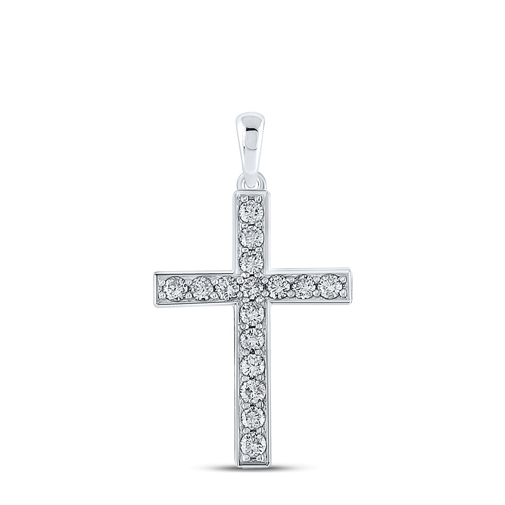 10K White Gold Womens Round Diamond Cross Pendant 1/3 Cttw