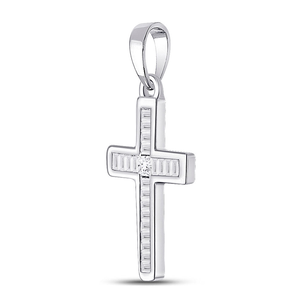10K White Gold Womens Princess Diamond Cross Pendant 1/8 Cttw