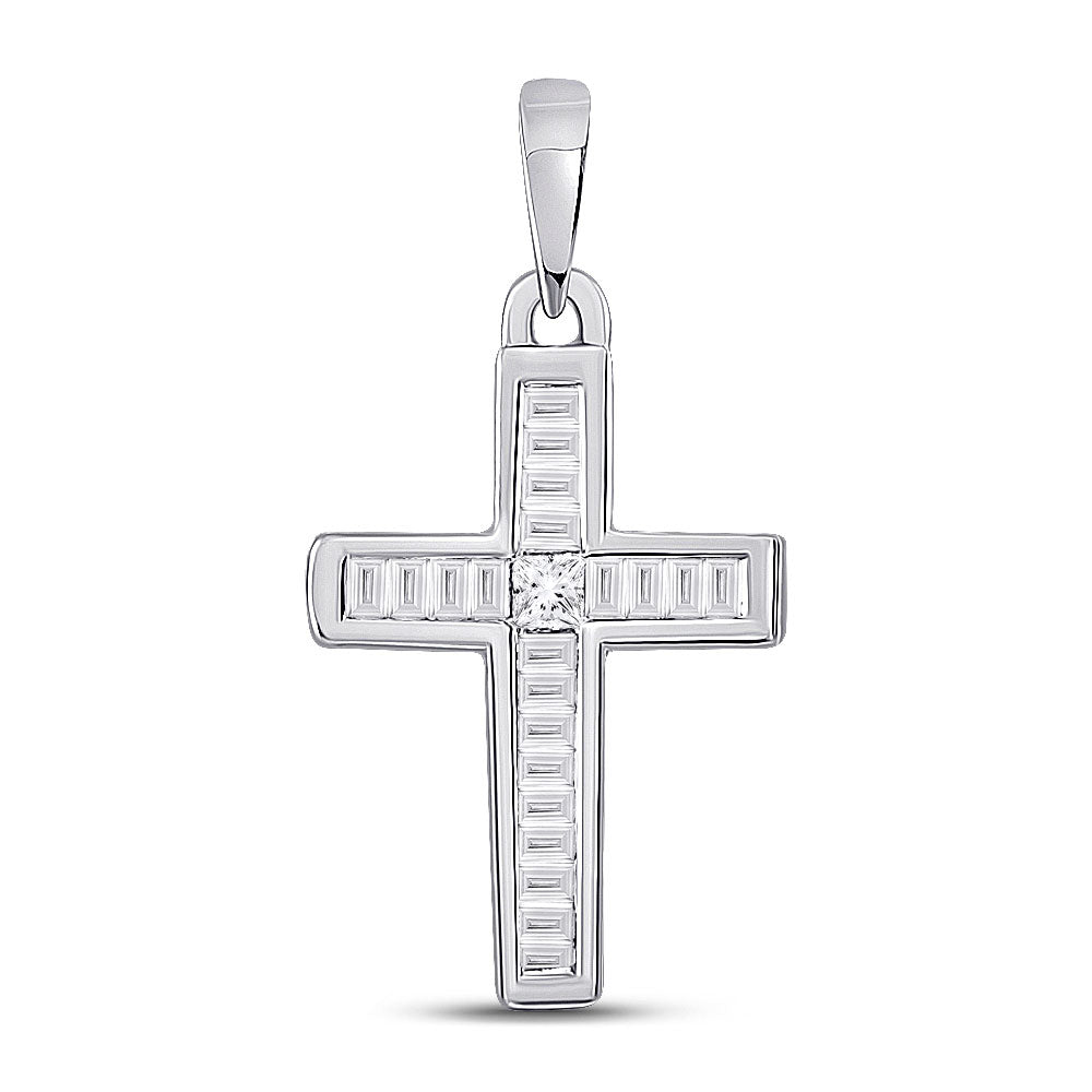 10K White Gold Womens Princess Diamond Cross Pendant 1/8 Cttw