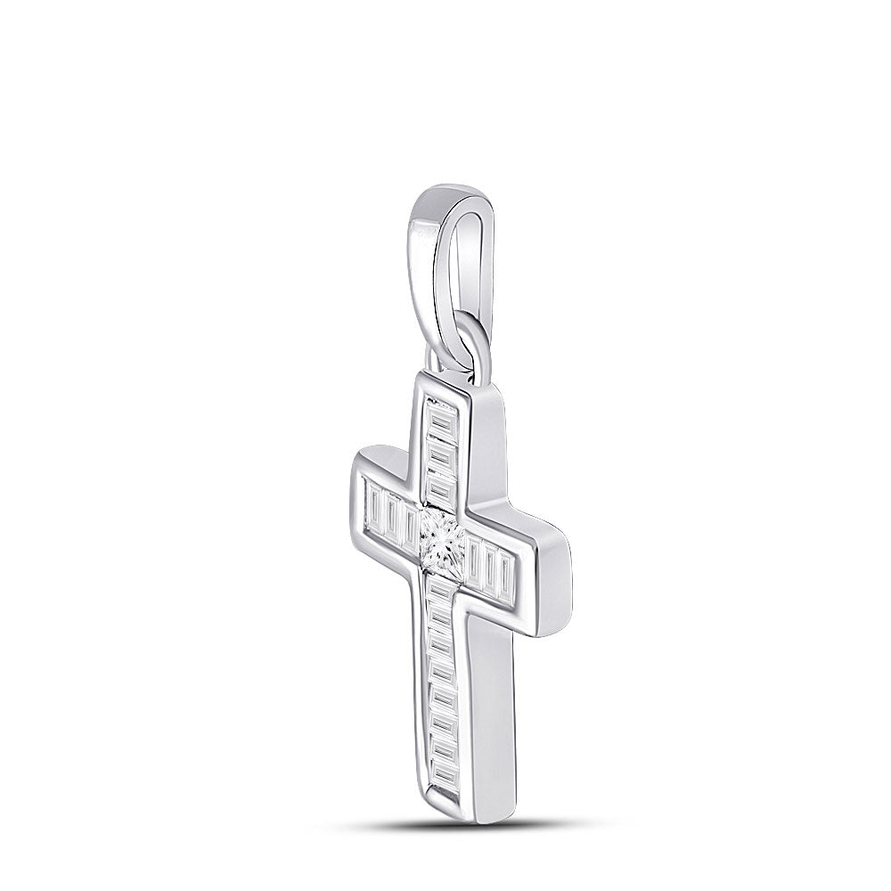10K White Gold Womens Princess Diamond Small Cross Pendant 1/6 Cttw