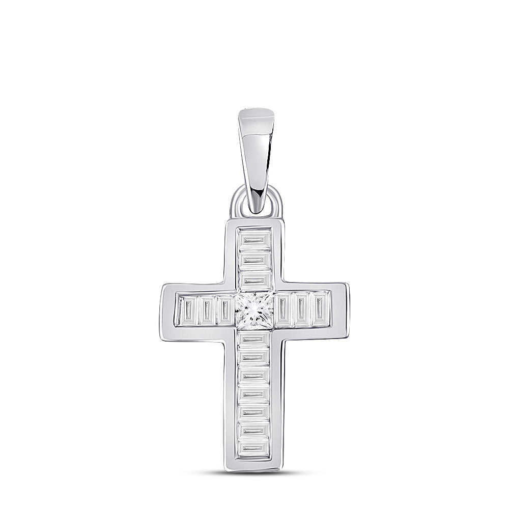 10K White Gold Womens Princess Diamond Small Cross Pendant 1/6 Cttw