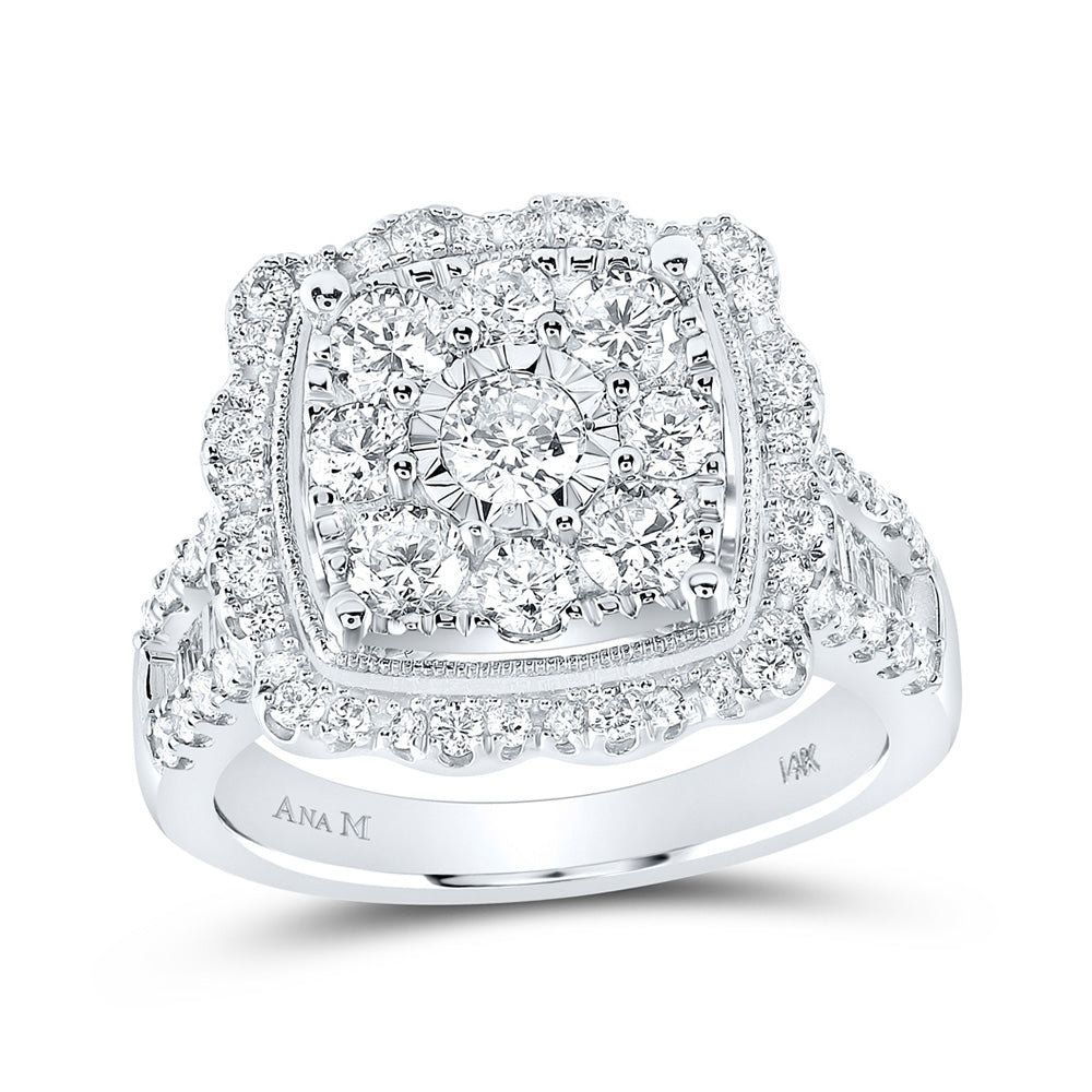 14K White Gold Womens Round Diamond Square Flower Cluster Ring 2 Cttw, Womens Size: 5-10