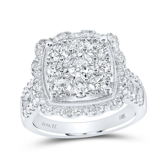 14K White Gold Womens Round Diamond Square Flower Cluster Ring 2 Cttw, Womens Size: 5-10