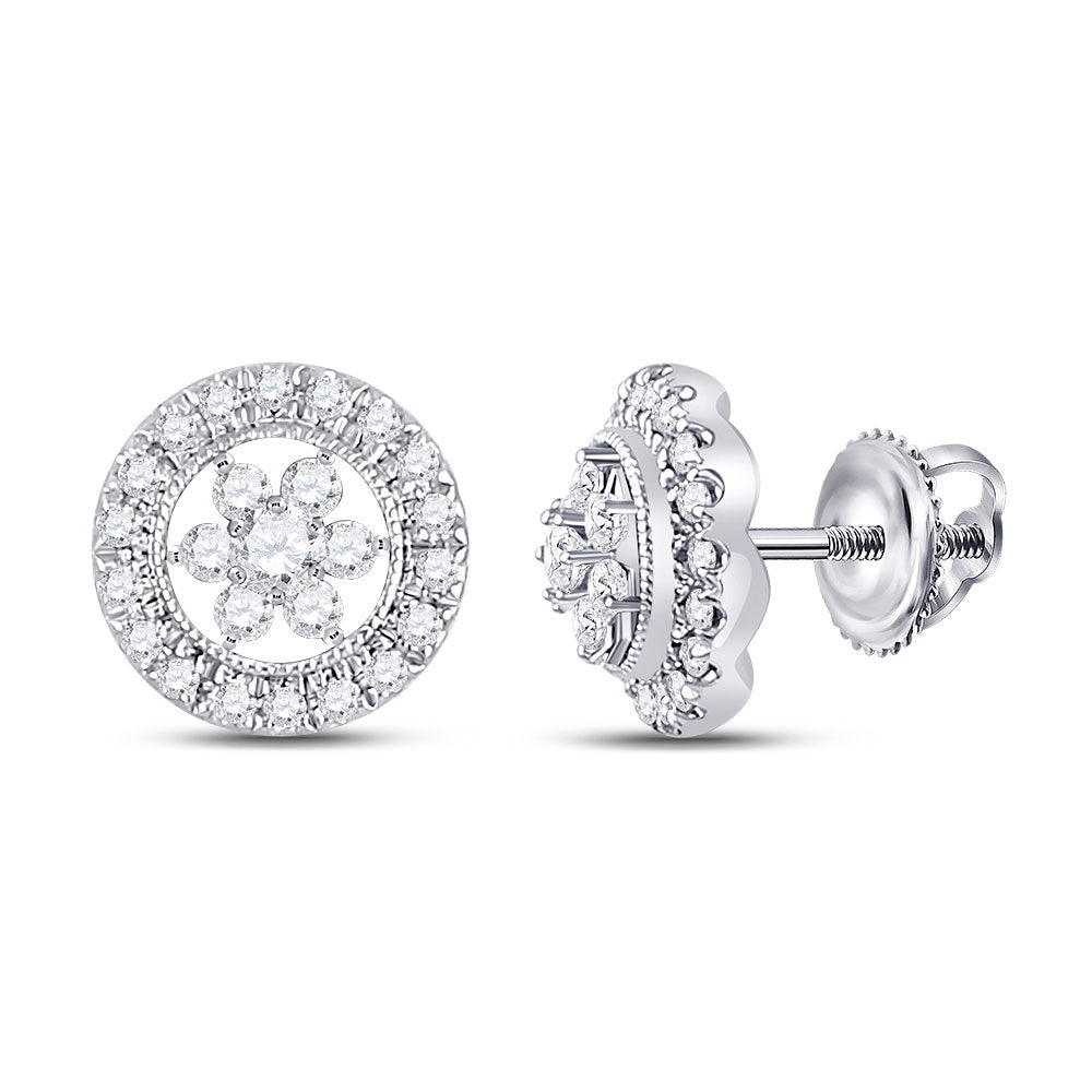 14K White Gold Womens Round Diamond Circle Floral Cluster Earrings 3/8 Cttw