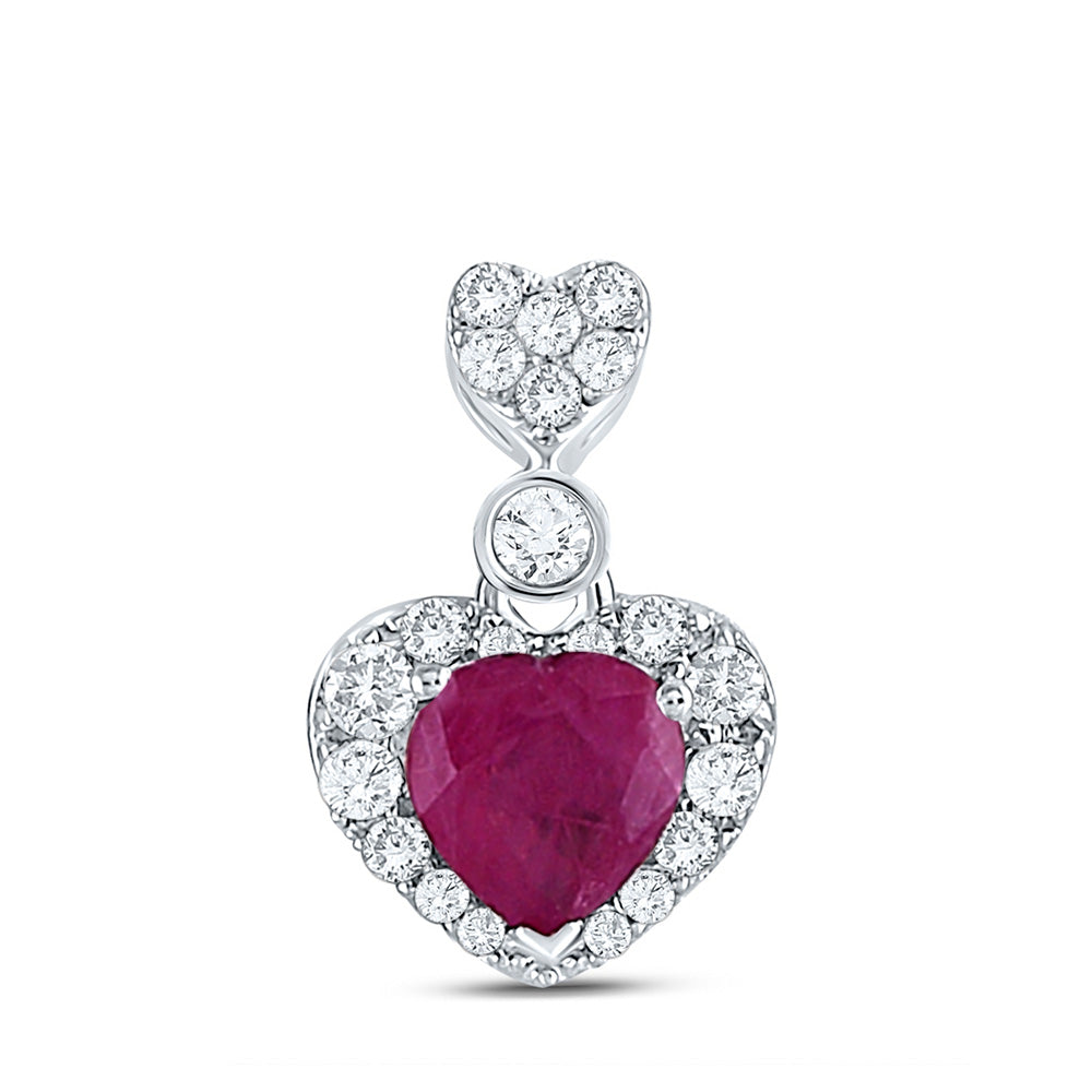10K White Gold Womens Heart Ruby Diamond Fashion Pendant 3/8 Cttw