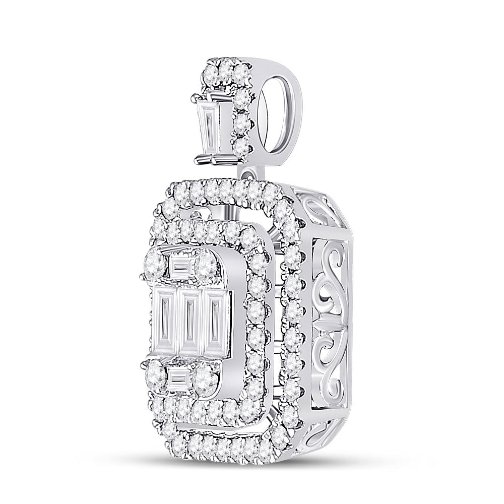 14K White Gold Womens Baguette Diamond Square Cluster Pendant 1 Cttw, Length: 0.78 In, Width: 0.5 In