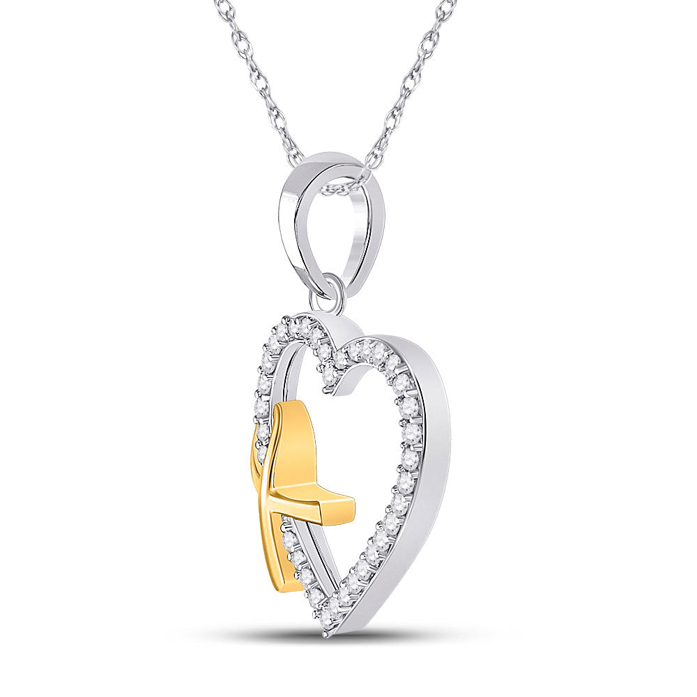 10K White Gold Womens Round Diamond Ribbon Heart Pendant 1/6 Cttw