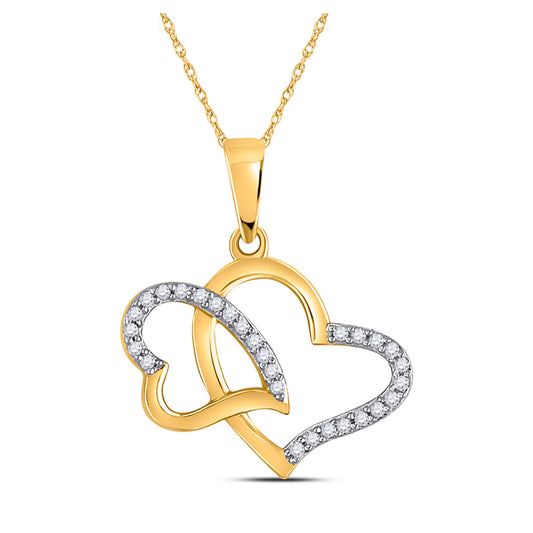 10K Yellow Gold Womens Round Diamond Double Heart Pendant 1/6 Cttw