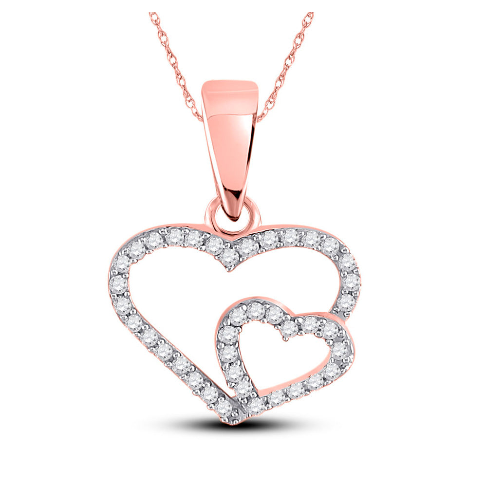 10K Yellow Or Rose Gold Womens Round Diamond Double Heart Pendant