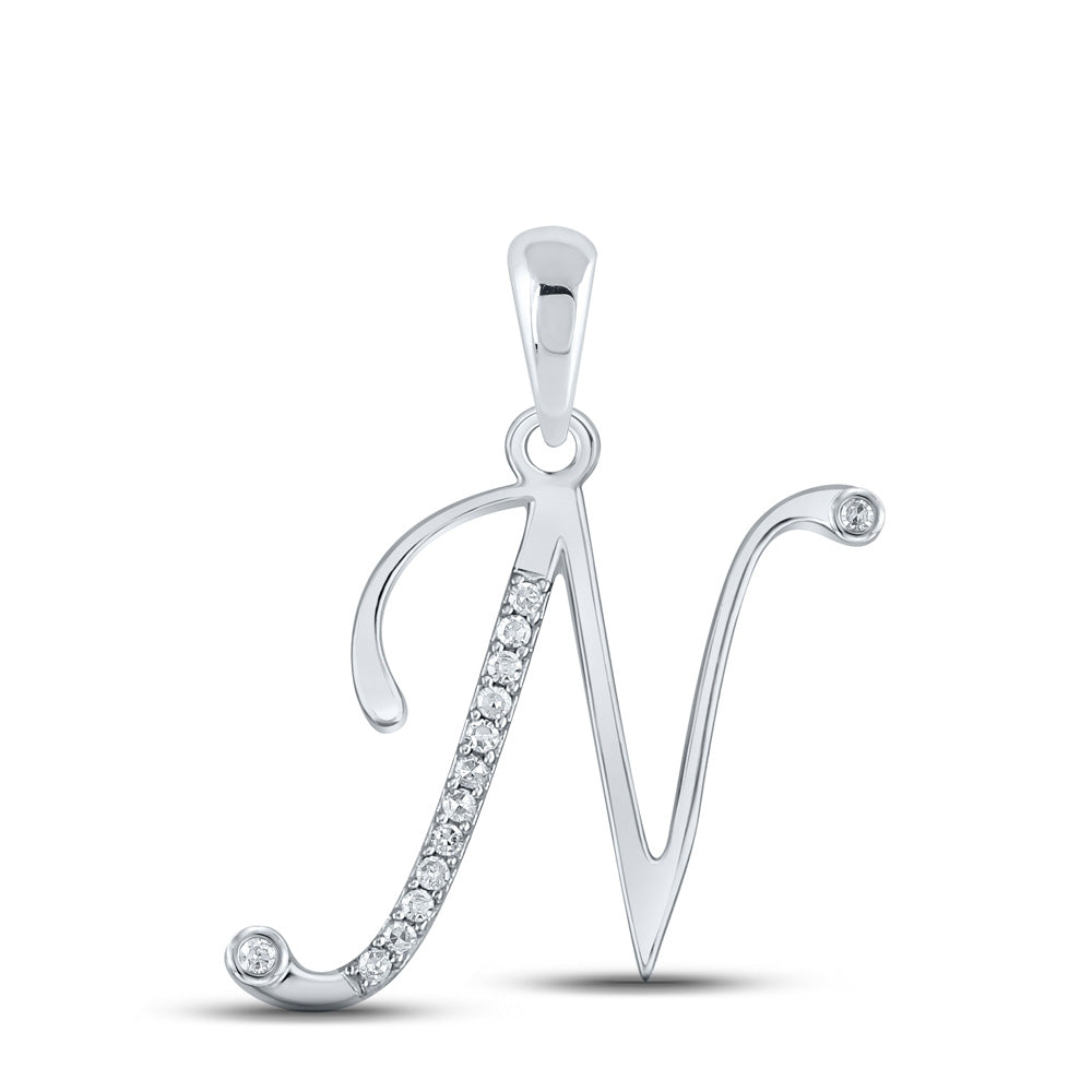 10K White Gold Womens Round Diamond Initial Letter Pendant