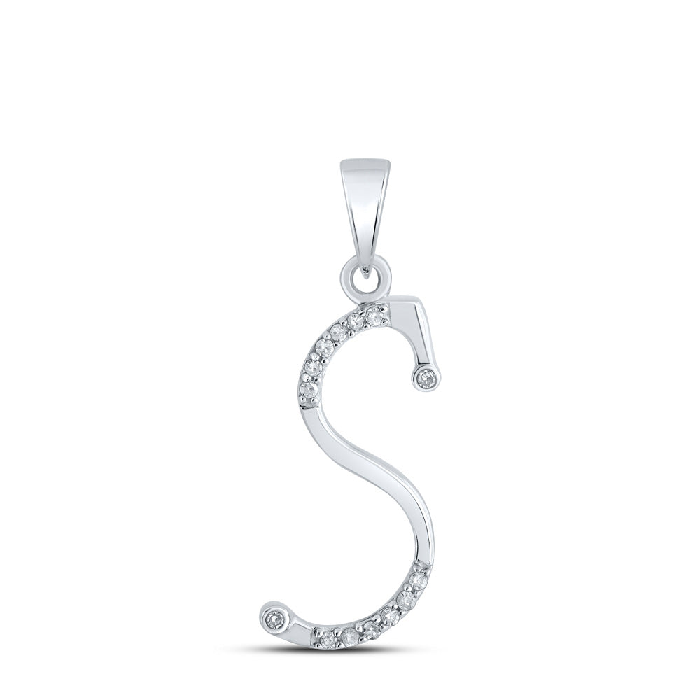 10K White Gold Womens Round Diamond Initial Letter Pendant