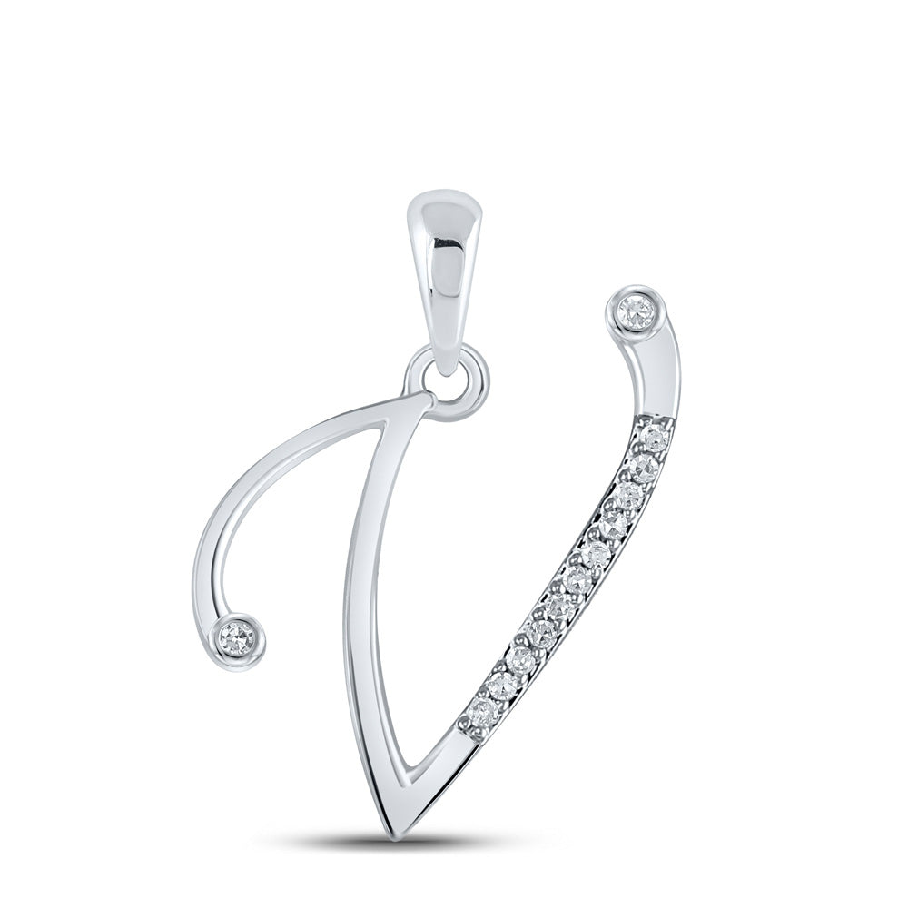 10K White Gold Womens Round Diamond Initial Letter Pendant