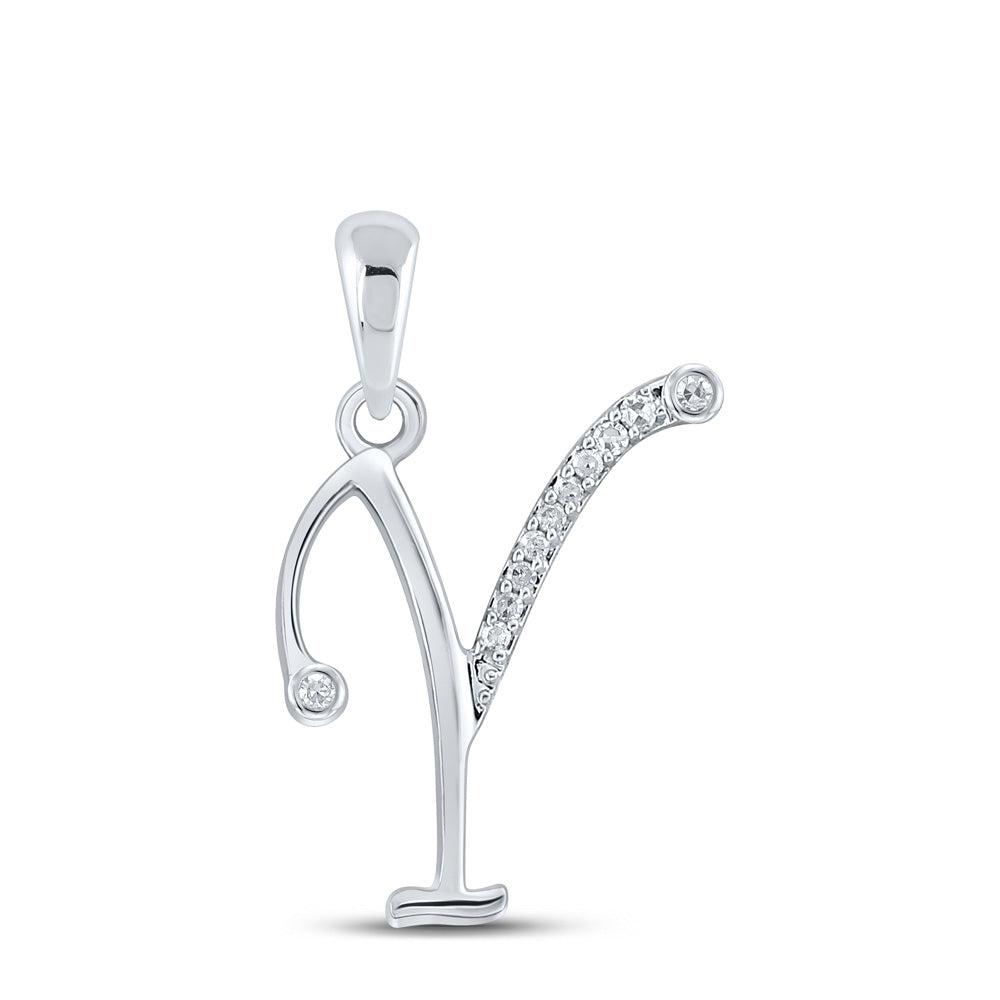 10K White Gold Womens Round Diamond Initial Letter Pendant