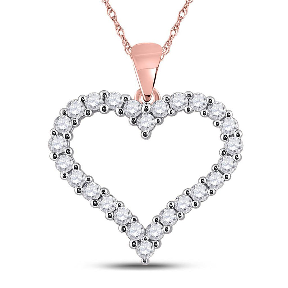 14K Rose Gold Womens Round Diamond Heart Pendant 1 Cttw
