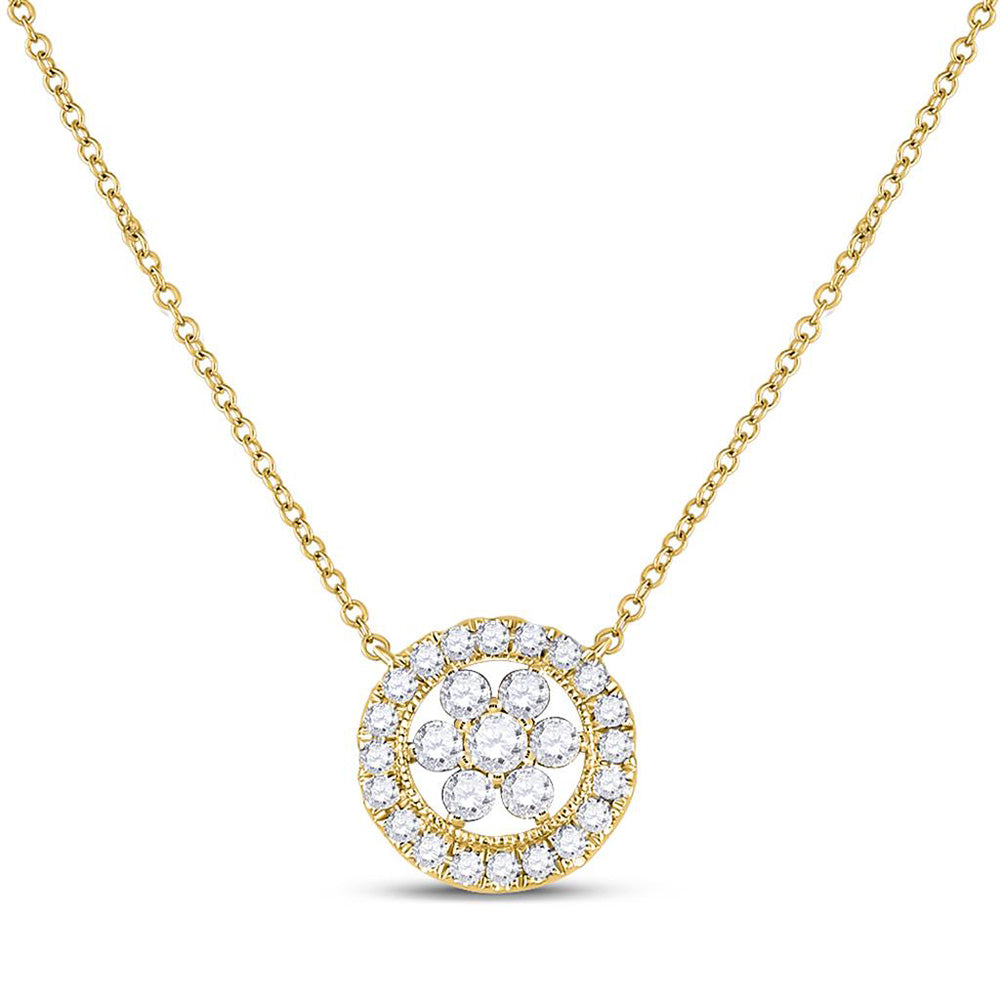 14K Yellow Gold Womens Round Diamond Floral Cluster Necklace 1/3 Cttw, Length: 17.99 In