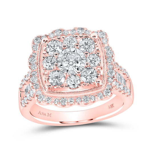 14K Rose Gold Womens Round Diamond Square Flower Cluster Ring 2 Cttw, Womens Size: 5-10