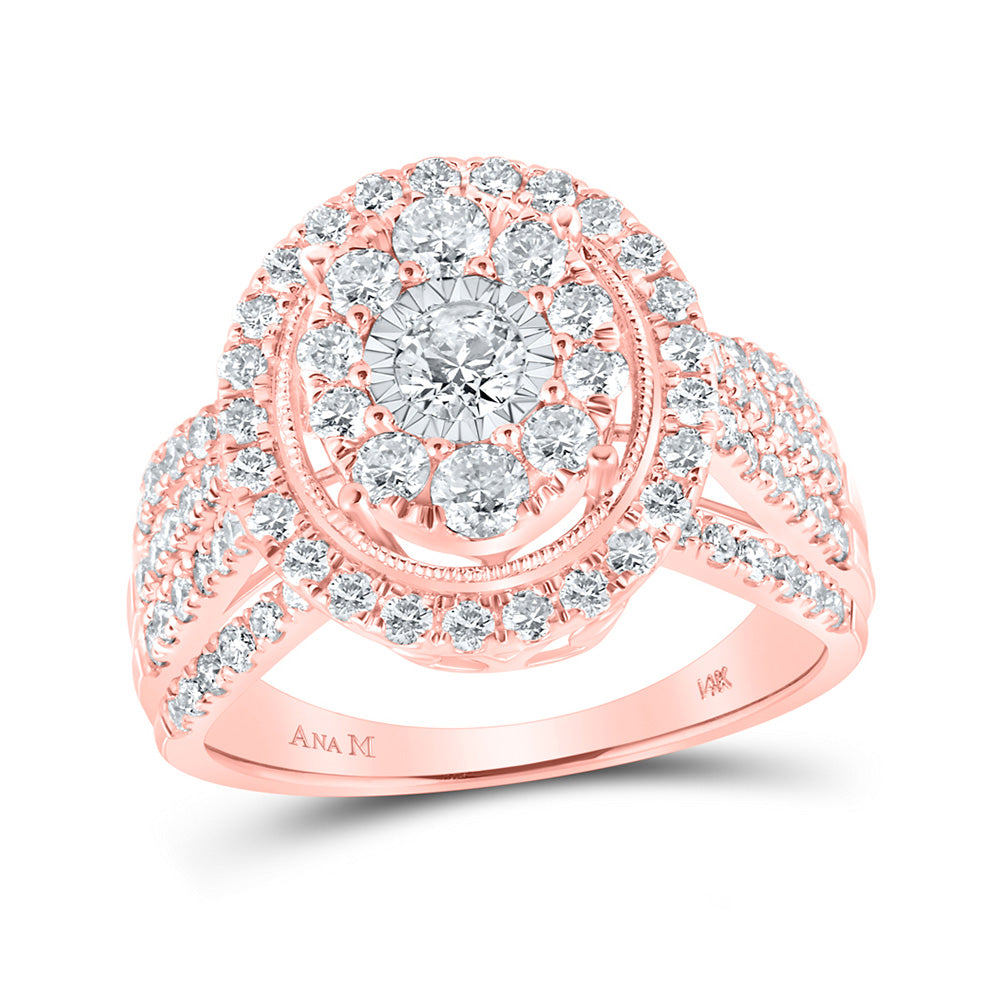 14K Yellow Or Rose Gold Round Diamond Cluster Oval Bridal Wedding Engagement Ring 1-1/2 Cttw, Womens Size: 5-10