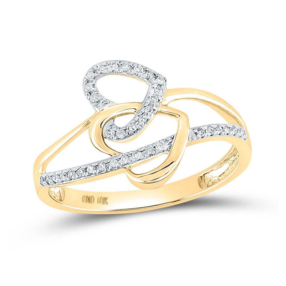 10K Yellow Gold Womens Round Diamond Double Heart Ring 1/10 Cttw, Womens Size: 5-10