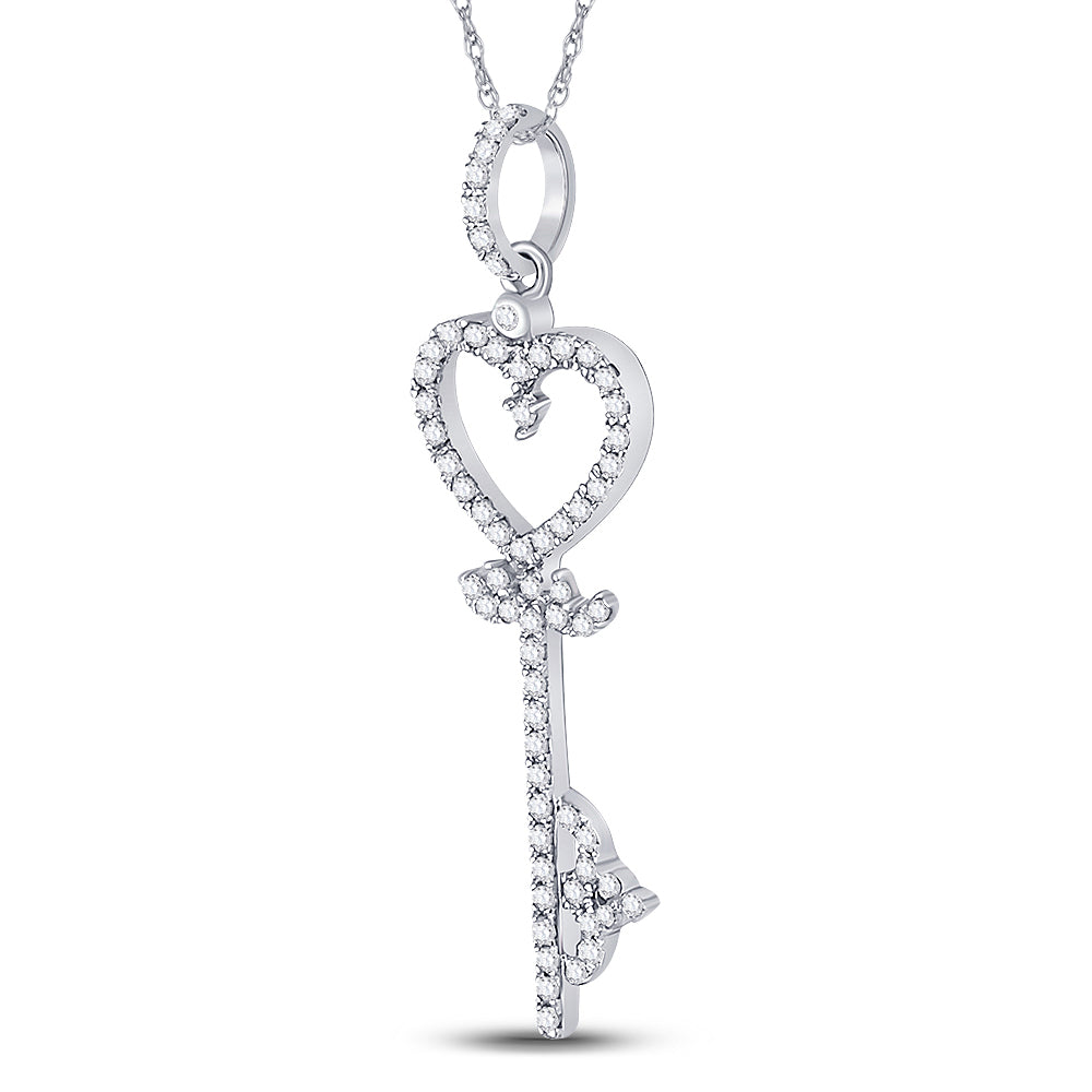 10K White Gold Womens Round Diamond Key Heart Pendant 1/5 Cttw, Length: 1.24 In, Width: 0.38 In